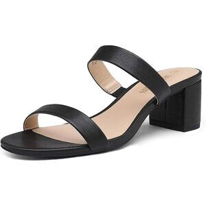 🆕Women Black PU Polyurethane Two Strap Open Toe Low Block Chunky Heel Sandals